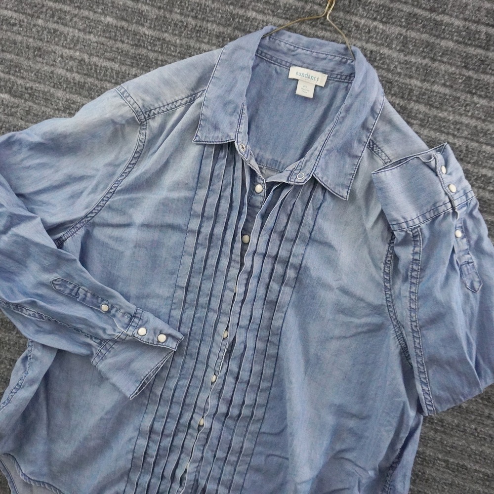 Sundance Button Down Shirt Women Petite Large Blue Pintuck Chambray Top